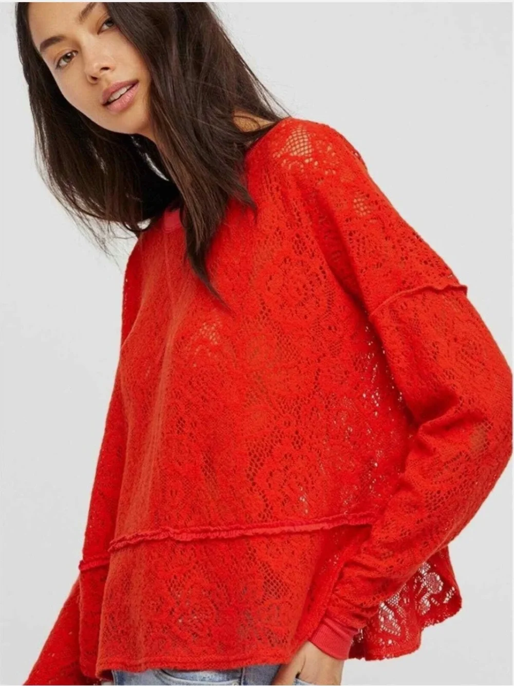 Free People “Not Cold In This” Red Lace Layered Top — Small Vacation Beachy Boho